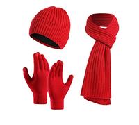 PAIDAXING Women's Cold Weather Sets Ladies Hat Scarf and Gloves Set Thicken Knitted Beanie Cap Long Scarve and Thermal Glove Unisex Ladies 3 in 1 Winter Warm Fleece Lining Hat Gift Sets Red