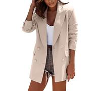 PAIDAXING Womens Double Breasted Blazers Lapel Solid Color Long Sleeve Suits with Casual Elegant Mid Length Blazer Coats Ladies Suits Jackets for Office Bussiness Beige