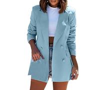 PAIDAXING Womens Double Breasted Blazers Lapel Solid Color Long Sleeve Suits with Casual Elegant Mid Length Blazer Coats Ladies Suits Jackets for Office Bussiness Sky Blue