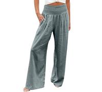 PAIDAXING Women's Elasticated High Waist Office Work Going Out Trousers Casual Wide Leg Linen Palazzo Pants with Pockets Ladies Summer Elegant Loose Solid Color Lounge Pants