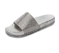PAIDAXING Womens Flat Slipper Sandals Sparkly Rhinestones Soft Thick Sole Slides Casual Open Toe Summer Beach Poor Shoes Ladies Comfy Platform Walking Sandal