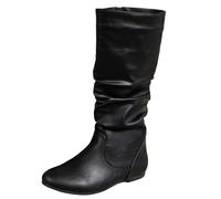 PAIDAXING Womens Fold Over Mid-Calf Leather Boots Fashion WInter Autmn Round Toe Wide Calf Wetern Cowgirl Boots wirh Side Zipper Vintage Ladies Versatile Footwear PU Shoes