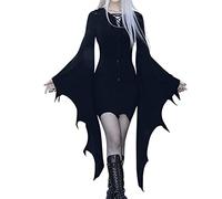 PAIDAXING Women's Gothic Bat Sleeve Medieval Witch Bodycon Party Dress Addams Family Wednesday Costume Adult Vintage Halloween Queen Fancy Dress Y2k Cosplay Outfit for Carnival Parties