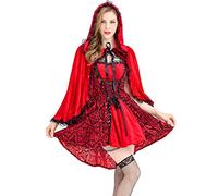 PAIDAXING Women's Gothic Lace Dress Set with Hooded Cape Retro Drawstring Waist A Line Mini Mesh Dress Halloween Cosplay Costumes Little Red Riding Hood Outfit for Adult