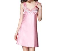 PAIDAXING Women's Ice Silk Nightdress With Chest Pad Plus Size Satin Sleeveless Nighties Comfy Wide Straps Knee Length Summer Nightgowns Ladies Lightweight Breathable Nightwear Sleepwear Pink