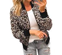 PAIDAXING Womens Jacket Open Front Zip Up Bomber Jackets Chic Round Neck Leopard&Floral Print Coat Ladies Casual Long Sleeve Pullover Colorblock Jackets Tops Blouse