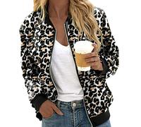PAIDAXING Womens Jacket Open Front Zip Up Bomber Jackets Chic Round Neck Leopard&Floral Print Coat Ladies Casual Long Sleeve Pullover Colorblock Jackets Tops Blouse