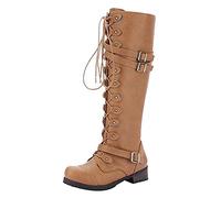 PAIDAXING Womens Knee High Boots Winter Lace-up Gothic Vintage Punk Buckle Military Combat High Boot Faux Leather Shoes UK Size 3-7