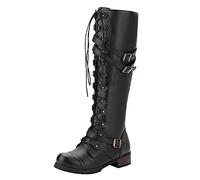 PAIDAXING Womens Knee High Boots Winter Lace-up Gothic Vintage Punk Buckle Military Combat High Boot Faux Leather Shoes UK Size 3-7