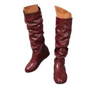 PAIDAXING Women's Knee High Leather Boots Solid Color Round Toe Flat Heel Pull-On Long Boots with Wrinkle Texture Comfortable Casual Winter Non-Slip Sole Footwear Retro Fashion Shoes