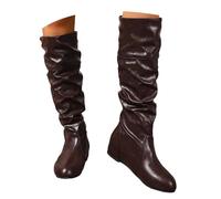 PAIDAXING Women's Knee High Leather Boots Solid Color Round Toe Flat Heel Pull-On Long Boots with Wrinkle Texture Comfortable Casual Winter Non-Slip Sole Footwear Retro Fashion Shoes