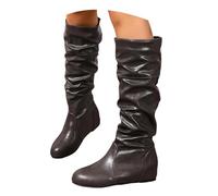 PAIDAXING Women's Knee High Leather Boots Solid Color Round Toe Flat Heel Pull-On Long Boots with Wrinkle Texture Comfortable Casual Winter Non-Slip Sole Footwear Retro Fashion Shoes