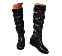 PAIDAXING Women's Knee High Leather Boots Solid Color Round Toe Flat Heel Pull-On Long Boots with Wrinkle Texture Comfortable Casual Winter Non-Slip Sole Footwear Retro Fashion Shoes