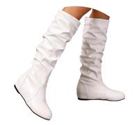 PAIDAXING Women's Knee High Leather Boots Solid Color Round Toe Flat Heel Pull-On Long Boots with Wrinkle Texture Comfortable Casual Winter Non-Slip Sole Footwear Retro Fashion Shoes
