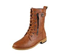 PAIDAXING Womens Lace Up Biker Boots Ladies Zippers Grip Sole Faux Leather Low Block Heels Casual Combat Booties Mid Calf Boot UK Size 4.5-7
