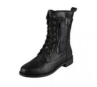 PAIDAXING Womens Lace Up Biker Boots Ladies Zippers Grip Sole Faux Leather Low Block Heels Casual Combat Booties Mid Calf Boot UK Size 4.5-7