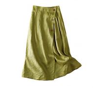 PAIDAXING Women's Linen Skirt, Green, Size L, High Waisted Midi Skirt with Diagonal Buttons, Solid Color, Perfect for Daily Wear and Occasions