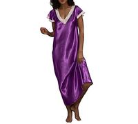 PAIDAXING Women's Long Satin Nightdress Lace V Neck Short Sleeve Silky Nighties Full Length Loose Pajama Nightgowns Ladies Lightweigth Smooth Silk Nightshirts Sleepwear Loungewear Elegant