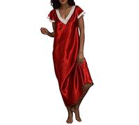 PAIDAXING Women's Long Satin Nightdress Lace V Neck Short Sleeve Silky Nighties Full Length Loose Pajama Nightgowns Ladies Lightweigth Smooth Silk Nightshirts Sleepwear Loungewear Elegant