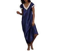 PAIDAXING Women's Long Satin Nightdress Lace V Neck Short Sleeve Silky Nighties Full Length Loose Pajama Nightgowns Ladies Lightweigth Smooth Silk Nightshirts Sleepwear Loungewear Elegant
