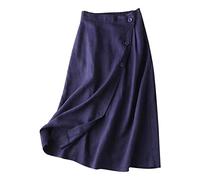 PAIDAXING Women's Navy Linen Midi Skirt with High Waist and Diagonal Buttons