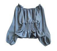 PAIDAXING Womens Off The Shoulder Smocked Peplum Long Sleeve Ruffle Shirts Vintage Elegant Sollid Color Blouse Dressy Elastic Waist Going Out Tops Blue