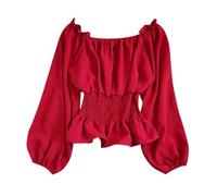 PAIDAXING Womens Off The Shoulder Smocked Peplum Long Sleeve Ruffle Shirts Vintage Elegant Sollid Color Blouse Dressy Elastic Waist Going Out Tops Red