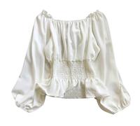 PAIDAXING Womens Off The Shoulder Smocked Peplum Long Sleeve Ruffle Shirts Vintage Elegant Sollid Color Blouse Dressy Elastic Waist Going Out Tops White