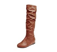 PAIDAXING Women's Pleated Knee High Leather Boots Casual Slip On Wide Calf Flat Sole Vintage Boots for Women Autumn Winter Footwear Ladies Retro Solid Color PU Boot
