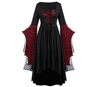 PAIDAXING Women's Renaissance Medieval Gothic Witch Dress Adults Halloween Costume Skull Pinted Mesh Batwing Sleeve Vintage Lace-Up Maxi Dress Retro Victorian Party Prom Cosplay Outfits