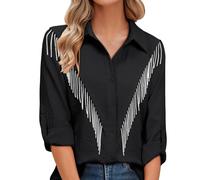 PAIDAXING Womens Rhinestone Fringe Button Down Shirt Roll Up 3/4 Sleeve Sparkly Blouse Tops Fashion Concert Nashville Western Cowgirl Outfit Black