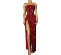 PAIDAXING Women's Sequin Maxi Dress Sexy Tube Top Side Slit Long Cocktail Prom Dress Ladies Sparkly Glitter Red Bodycon Evening Party Dress Bridemades Wedding Guest Dress