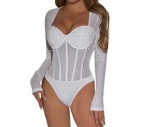 PAIDAXING Women's Sexy Sparkly Bodysuits See Through Long Sleeve Leotard Tops Sparkle Diamante Bodycon Blouse T Shirt See Through Jumpsuit Sheer Lingeries