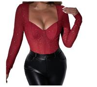 PAIDAXING Women's Sexy Sparkly Bodysuits See Through Long Sleeve Leotard Tops Sparkle Diamante Bodycon Blouse T Shirt See Through Jumpsuit Sheer Lingeries