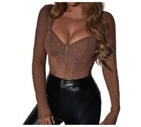 PAIDAXING Women's Sexy Sparkly Bodysuits See Through Long Sleeve Leotard Tops Sparkle Diamante Bodycon Blouse T Shirt See Through Jumpsuit Sheer Lingeries
