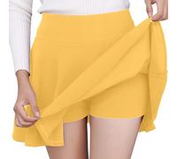 PAIDAXING Womens Skirts High Waisted A-line Pleated Mini Skater Skirt Tennis Skirt Solid Color Casual Flared Ruffle Skorts Yellow