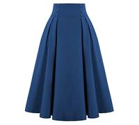 PAIDAXING Women's Skirts Vintage Retro High Waist Solid Color A-Line Flared Midi Skirts Full Circle 50s Skirt with Side Button for Ladies Blue