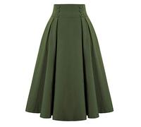 PAIDAXING Women's Skirts Vintage Retro High Waist Solid Color A-Line Flared Midi Skirts Full Circle 50s Skirt with Side Button for Ladies Army Green