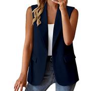 PAIDAXING Women's Sleeveless Cardigan Lapel Button Down Blazer Cardigans with Pocket Casual Solid Color Plus Size Suit Jackets Fashion Sleeveless Blazers Coats for Office Everyday Navy