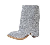PAIDAXING Women's Sparkly Mid Calf Boots Glitter Pointed Toe Chunky Block Heel Party Shoes Rhinestone Western Cowboy Boots Ladies Wide Shaft Dressy Autumn Winter Dance Boot