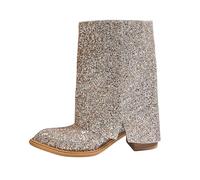 PAIDAXING Women's Sparkly Mid Calf Boots Glitter Pointed Toe Chunky Block Heel Party Shoes Rhinestone Western Cowboy Boots Ladies Wide Shaft Dressy Autumn Winter Dance Boot