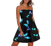 PAIDAXING Women's Strapless Sheering Boob Tube Sleeveless Beach Dress Sundress Gather Oversized Elasticated Bust Bandeau Floral Summer Off Shoulder Mini Flowy Dress