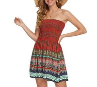 PAIDAXING Women's Strapless Sheering Boob Tube Sleeveless Beach Dress Sundress Gather Oversized Elasticated Bust Bandeau Floral Summer Off Shoulder Mini Flowy Dress
