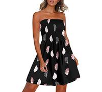 PAIDAXING Women's Strapless Sheering Boob Tube Sleeveless Beach Dress Sundress Gather Oversized Elasticated Bust Bandeau Floral Summer Off Shoulder Mini Flowy Dress