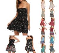 PAIDAXING Women's Strapless Sheering Boob Tube Sleeveless Beach Dress Sundress Gather Oversized Elasticated Bust Bandeau Floral Summer Off Shoulder Mini Flowy Dress