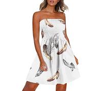 PAIDAXING Women's Strapless Sheering Boob Tube Sleeveless Beach Dress Sundress Gather Oversized Elasticated Bust Bandeau Floral Summer Off Shoulder Mini Flowy Dress