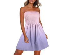 PAIDAXING Women's Strapless Sheering Boob Tube Sleeveless Beach Dress Sundress Gather Oversized Elasticated Bust Bandeau Floral Summer Off Shoulder Mini Flowy Dress