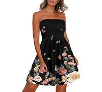 PAIDAXING Women's Strapless Sheering Boob Tube Sleeveless Beach Dress Sundress Gather Oversized Elasticated Bust Bandeau Floral Summer Off Shoulder Mini Flowy Dress