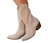 PAIDAXING Women's Suede Cowboy Boots Mid Calf Block Heel Slip-On Classic Western Boots Casual Comfortable Footwear Ladies Fall Winter Suede Ridding Booties Outdoor Shoes