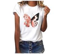 PAIDAXING Women's T Shirts Smile Letter Print Summer Tie Dye Butterfly Graphic Tees Crew Neck Short Sleeve Going Out Tops Casual Ladies Slim Fit Cotton Shirt
